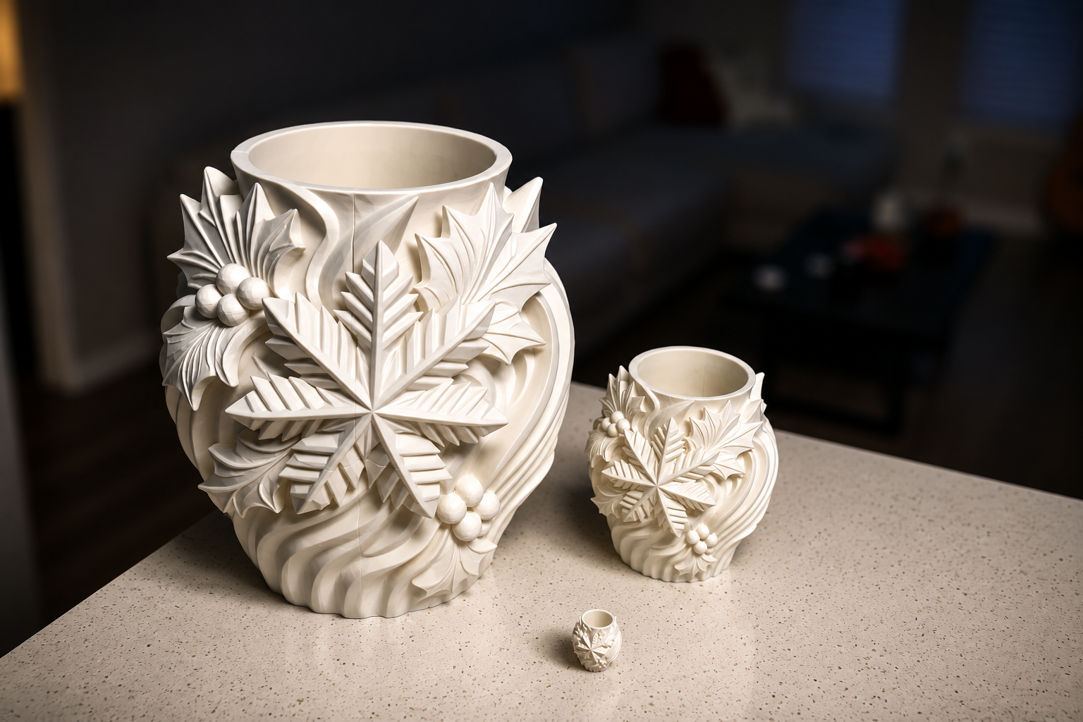 The same botanical vessel created in three coordinated sizes