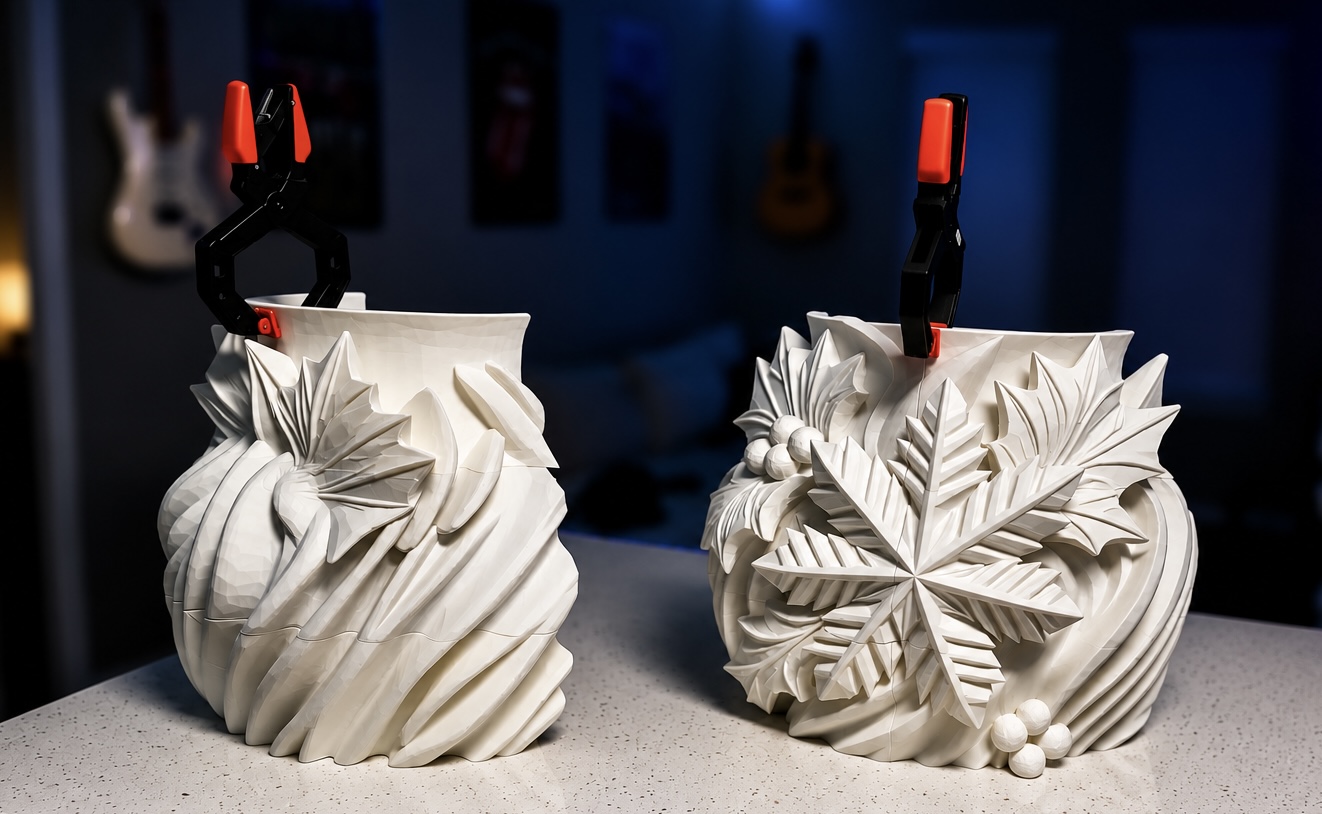 Two halves of a decorative vessel being joined